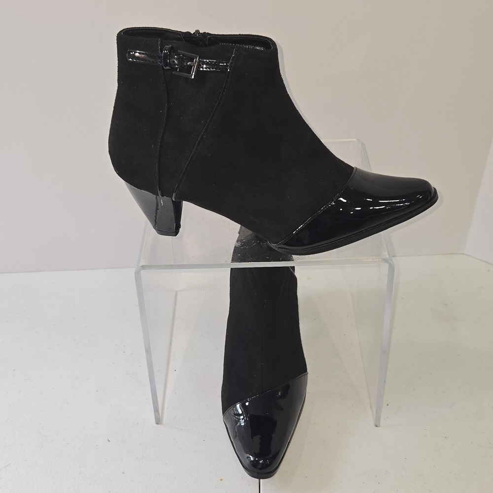 Classique Womens 9M Black Faux Suede Patent Pointed Toe Kitten Heel Ankle Boots
